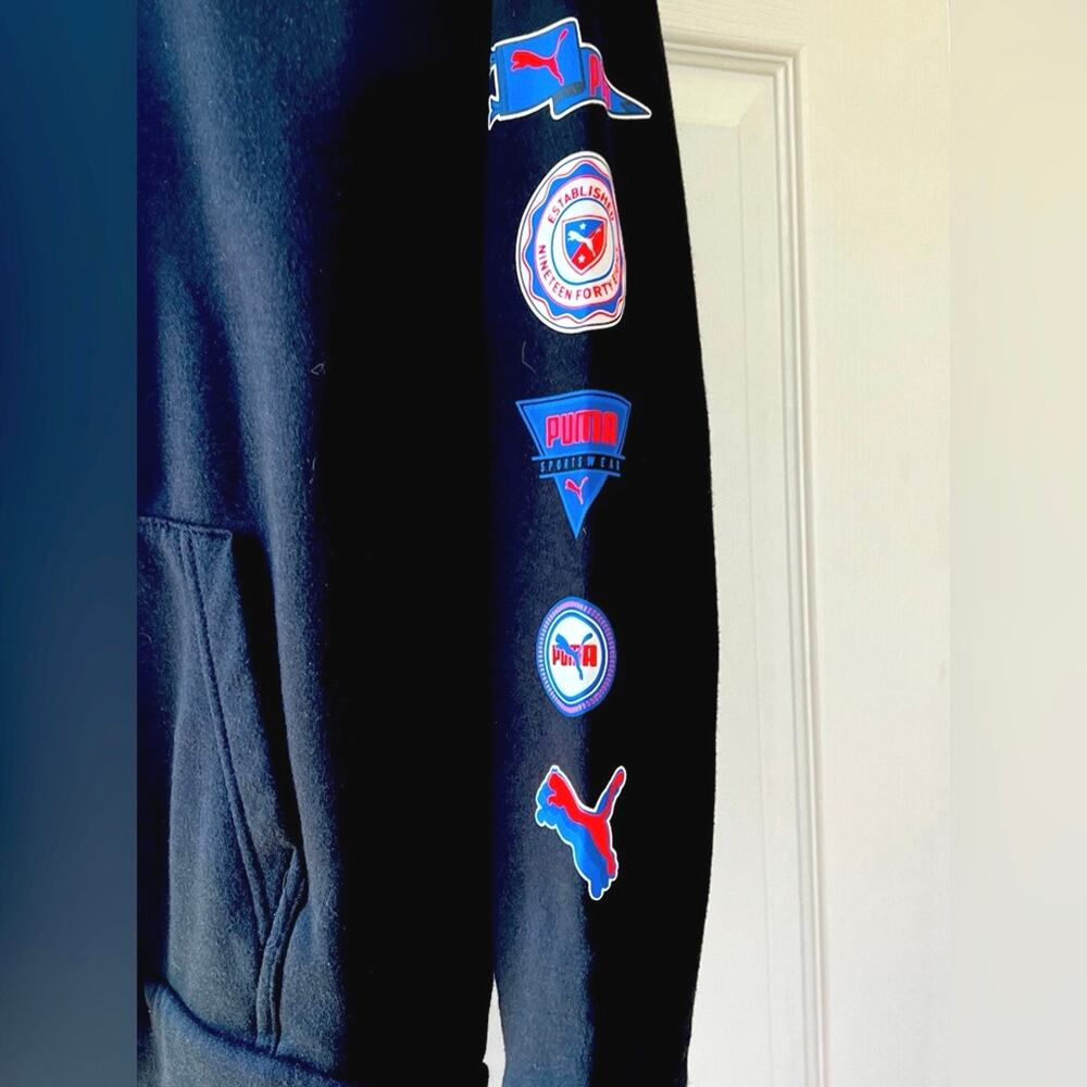 PUMA Boys L 14-16 Black Hoodie Multi Logo Patch Sleeve Pullover Sweatshirt